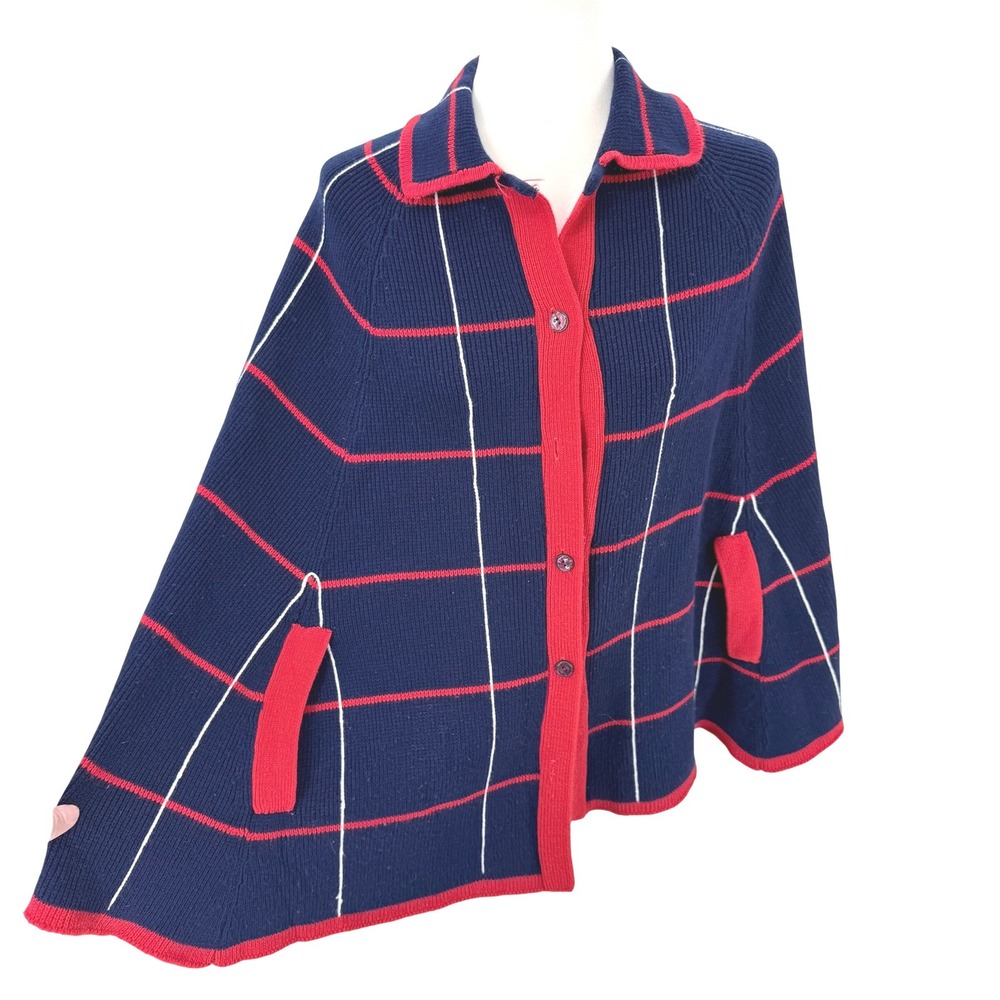 Vintage Glentex Navy Blue Red Plaid Button Front Cape Poncho Sweater One Size